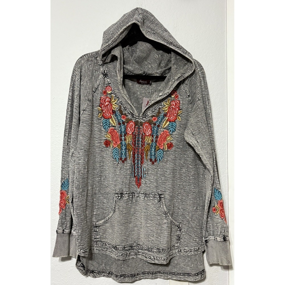Avani Del Amour Grey Embroidered Hooded Tunic V Neck Floral Knit Cotton M Boho